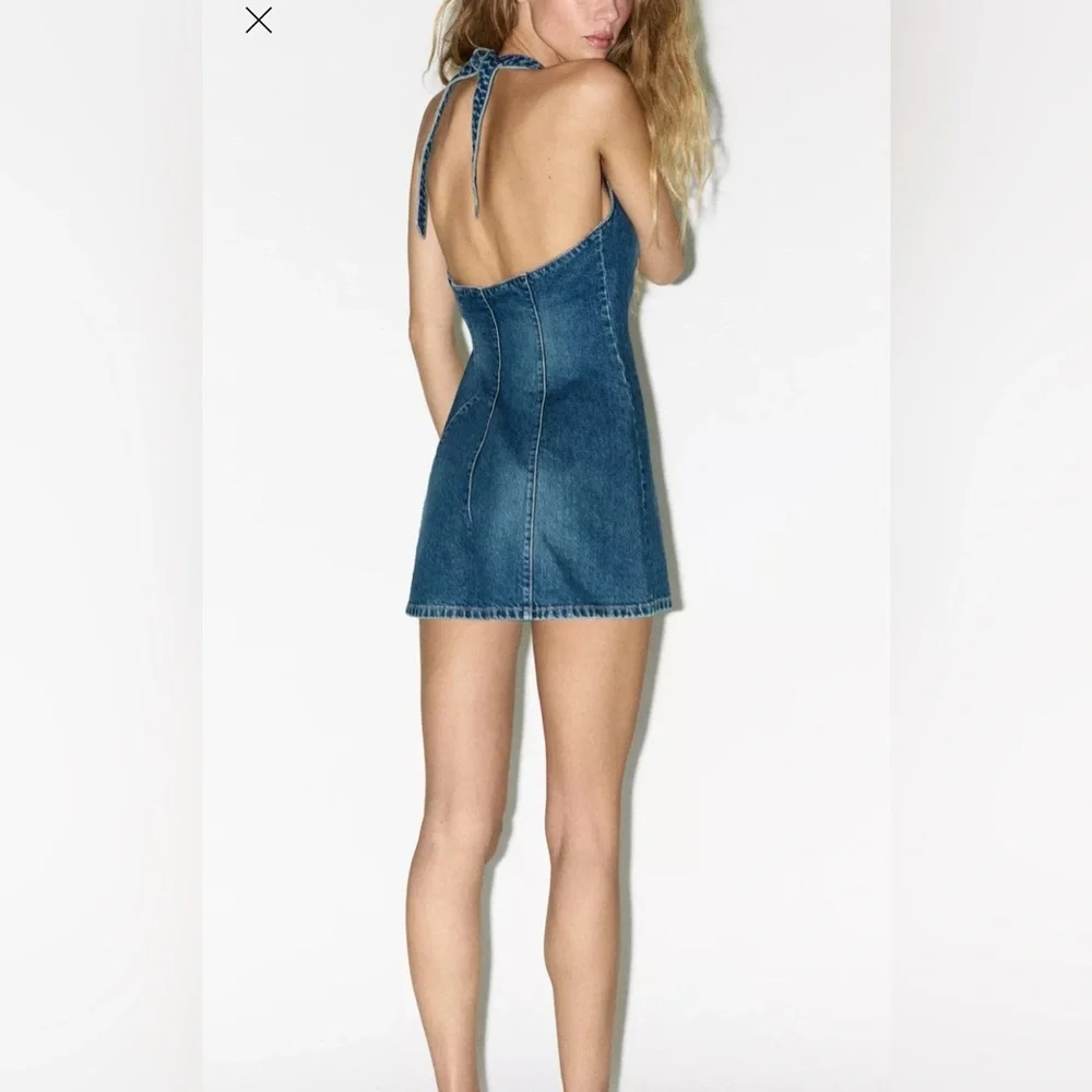 Zara TRF HALTER DENIM JUMPSUIT